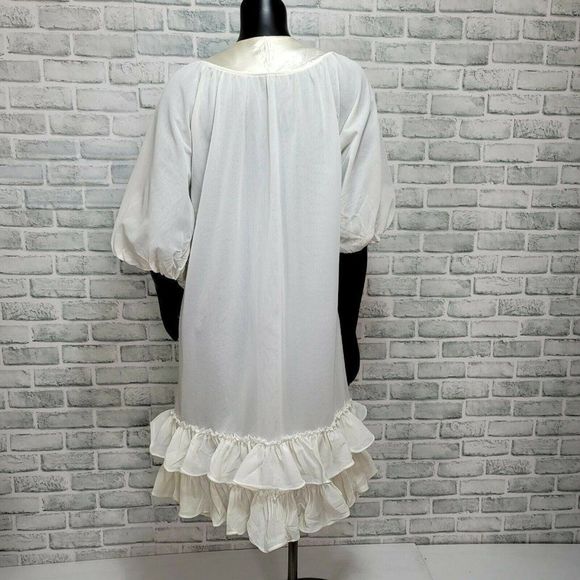 Vintage 70s Sheer Ivory Nylon Robe Ruffle Trim Puff Short Sleeve Tie Collar - Picture 6 of 10